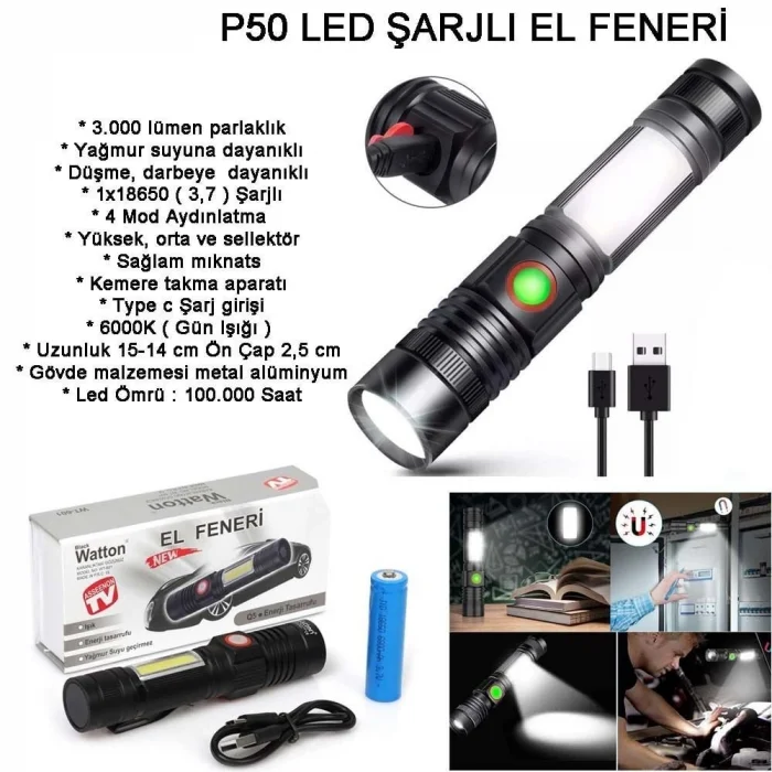 BUĞZ Geniş Açılı P50 Led Şarjlı EL Feneri Wt-601