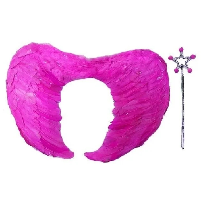 BUĞZ Gerçek Tüylü Katlanabilir Çocuk Pembe Melek Kanadı ve Asa Seti 40x55 cm