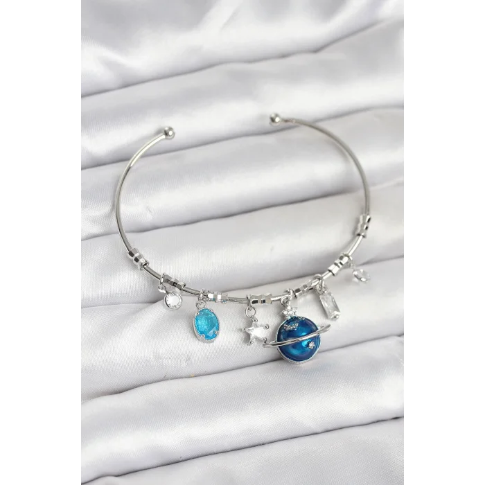 BUĞZ Gezegen Charmlı Gümüş Renk Pirinç Kadın Bileklik