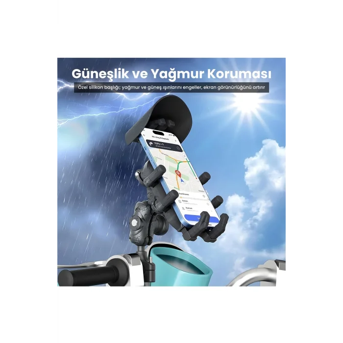 BUĞZ Gidon Bağlantılı Güneş Ve Yağmur Korumalı 360° Derece Ayarlanabilir Motosiklet Bisiklet Telefon Tutucu
