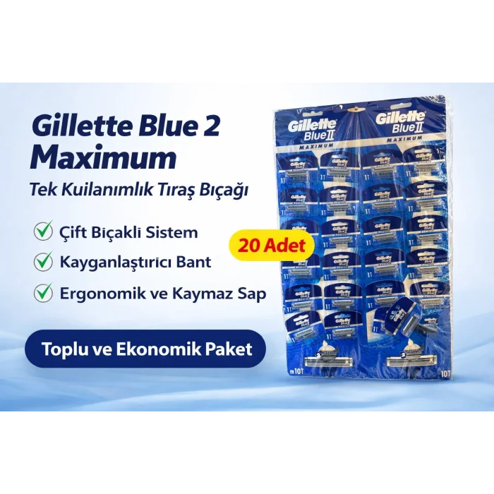 BUĞZ Gillette Blue 2 Maximum Tek Kullanımlık Tıraş Bıçağı 20 Adet Ekonomik Paket