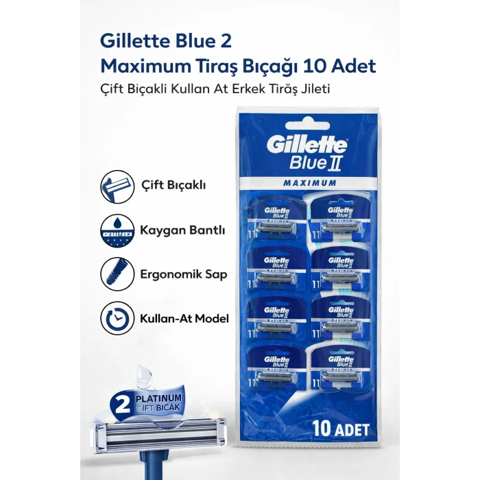 BUĞZ Gillette Blue 2 Maximum Tıraş Bıçağı 10 Adet Çift Bıçaklı Kullan At Erkek Tıraş Jileti