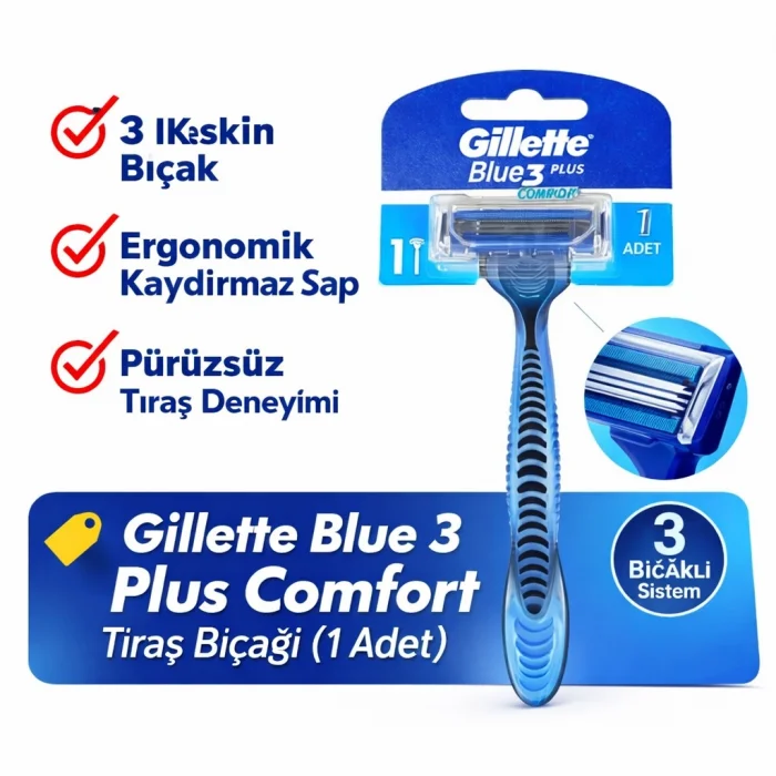 BUĞZ Gillette Blue 3 Plus Comfort Tıraş Bıçağı 1 Adet – 3 Bıçaklı Ergonomik Saplı Erkek Tıraş Bıçağı