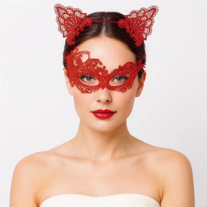 BUĞZ Gizemli Kırmızı Dantel Maske Ve Taç Seti 1 No - Kostüm Seti