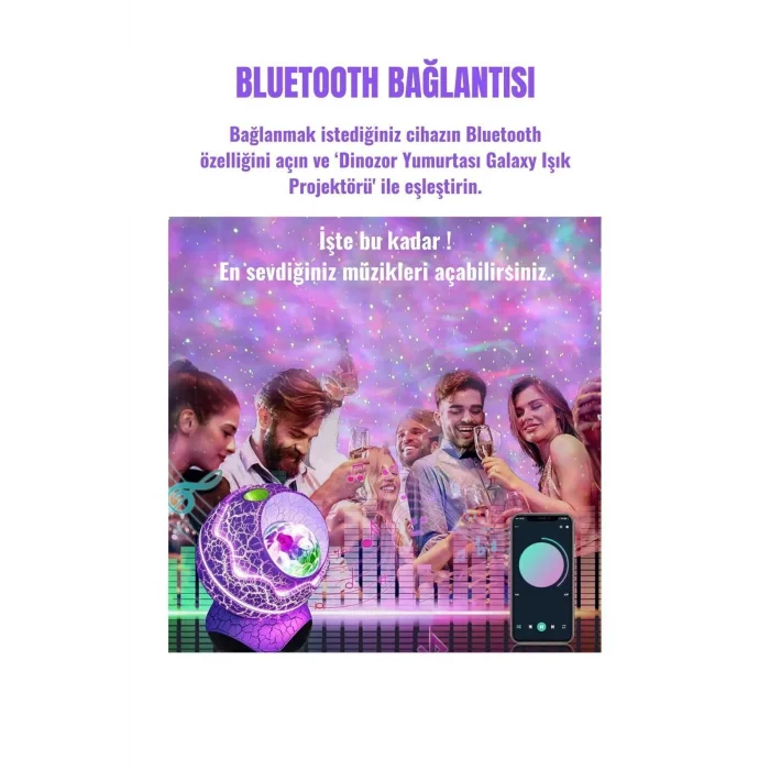 BUĞZ Gökyüzü Projeksiyonlu, Bluetooth Hoparlör Özellikli Dinozor Yumurtası Tasarımlı Gece Lambası