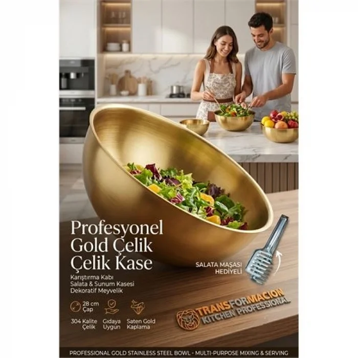 BUĞZ Gold Çelik Profesyonel Kase 28 cm - Çok Amaçlı Karıştırma Kabı, Salata & Sunum Kasesi, Dekoratif Meyvelik 723295