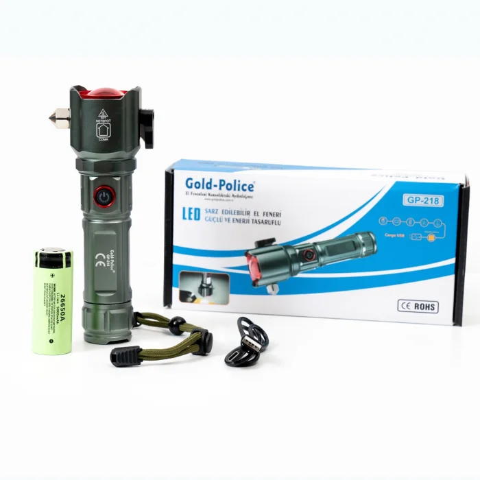 BUĞZ Gold  Gp-218 İle Sınırları Aşın Yeni Nesil Tg Led Teknolojisiyle Ultra Uzun Menzilli Aydınlatma Ve Acil Durumlar İçin Dahili Cam Kırıcı Bir Arada. Şarj Edilebilir, Darbeye Dayanıklı Ve Profesyo