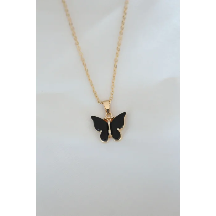 BUĞZ Gold Kaplama Siyah Renkli Sedefli Kelebek Kolye