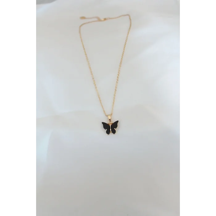 BUĞZ Gold Kaplama Siyah Renkli Sedefli Kelebek Kolye