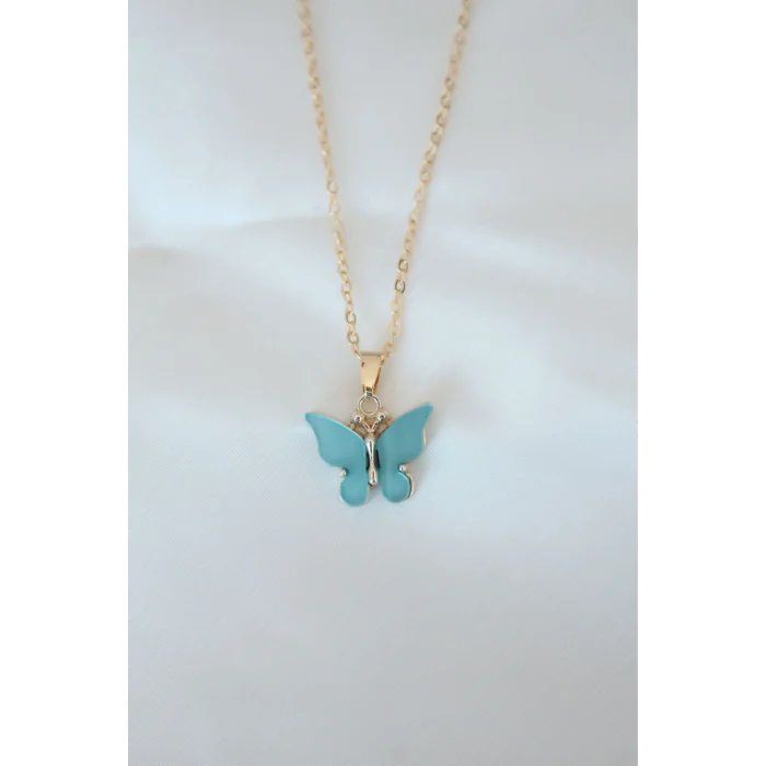 BUĞZ Gold Kaplama Turkuaz Renk Sedefli Kelebek Kolye