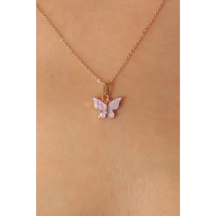 BUĞZ Gold Lila Renk Kelebek Figür Kadın Kolye - BUĞZ