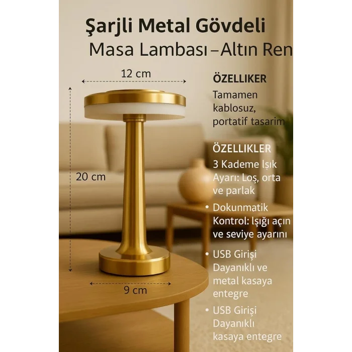 BUĞZ Gold Mantar Masa Lambası 3 Renk Modlu Kablosuz Şarjlı Dekoratif Metal LED Abajur