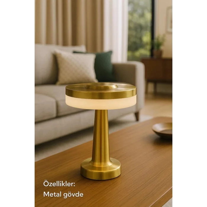 BUĞZ Gold Mantar Masa Lambası 3 Renk Modlu Kablosuz Şarjlı Dekoratif Metal LED Abajur