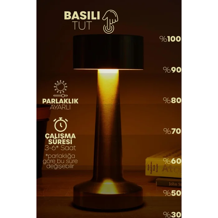 BUĞZ Gold Metal Dokunmatik Şarjlı Masa Lambası 3 Işık Parlaklık Ayarlı Gece Abajuru LED