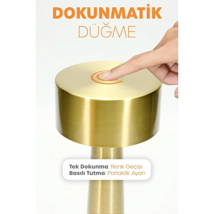 BUĞZ Gold Metal Dokunmatik Şarjlı Masa Lambası 3 Işık Parlaklık Ayarlı Gece Abajuru LED