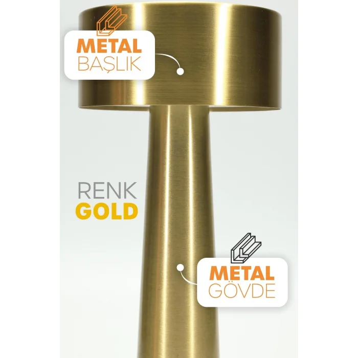 BUĞZ Gold Metal Dokunmatik Şarjlı Masa Lambası 3 Işık Parlaklık Ayarlı Gece Abajuru LED