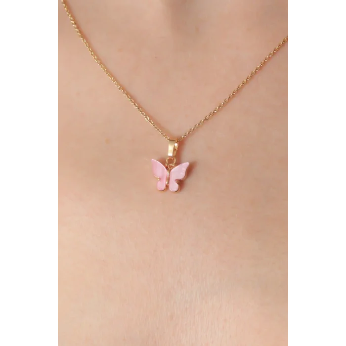 BUĞZ Gold Pembe Renk Kelebek Figür Kadın Kolye