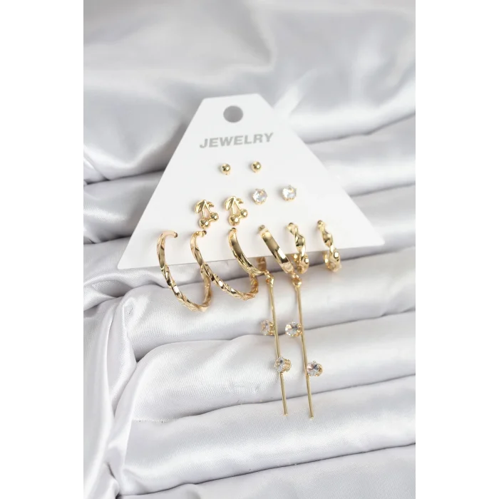 BUĞZ Gold Renk 6 Çift Pirinç Kadın Küpe Seti
