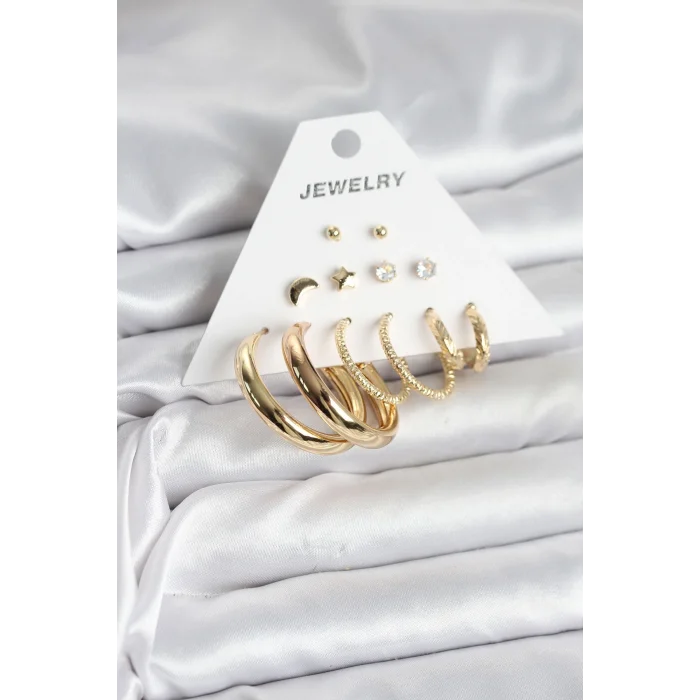 BUĞZ Gold Renk 6 Çiftli Pirinç Kadın Küpe Seti