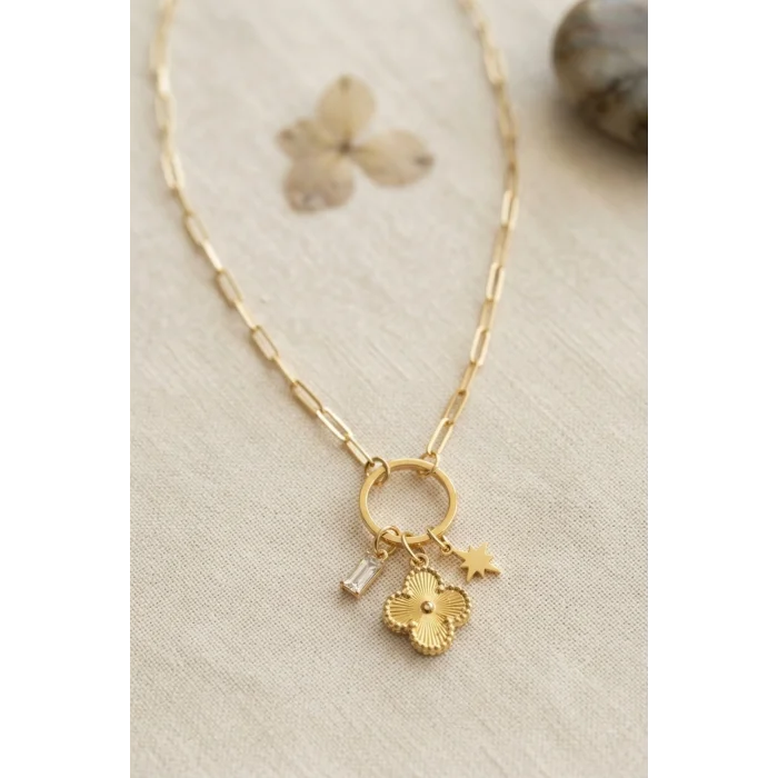 BUĞZ Gold Renk Ataç Zincir Yonca Model Kadın Kolye