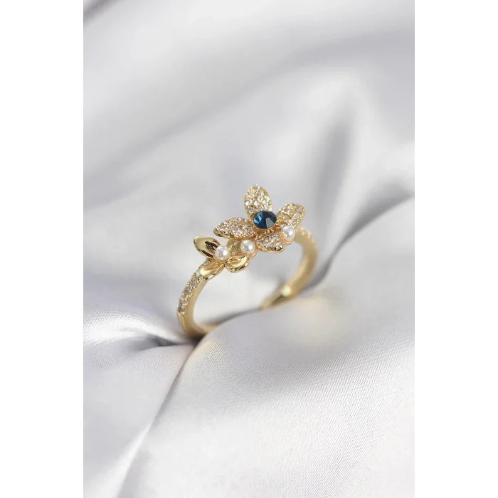 BUĞZ Gold Renk Çiçek Model Zirkon Taşlı Kadın Yüzük