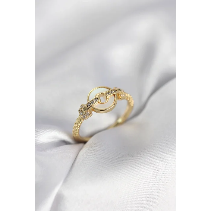 BUĞZ Gold Renk Daire Form Sedef ve Zirkon Taşlı Kadın Yüzük