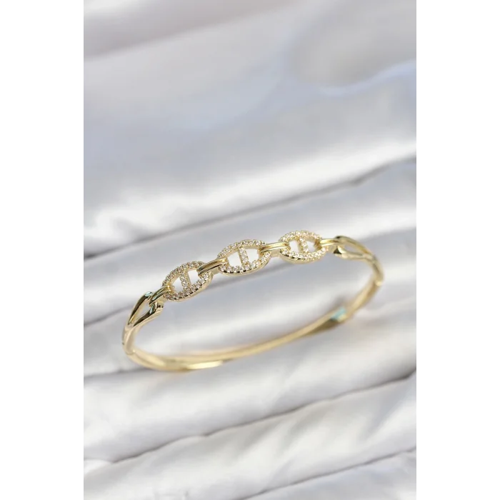 BUĞZ Gold Renk Gemi Zinciri Model Zirkon Taşlı Kadın Kelepçe Bileklik