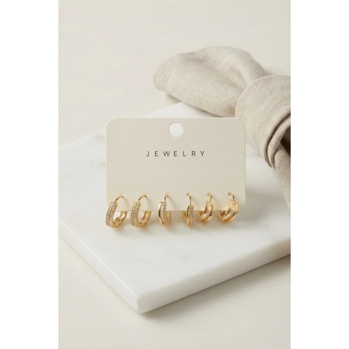 BUĞZ Gold Renk Halka Model 6lı Küpe Seti