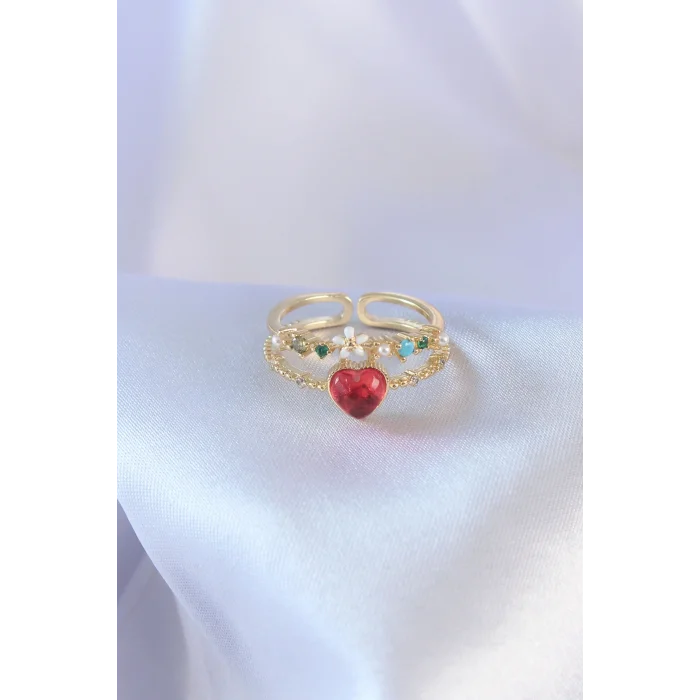 BUĞZ Gold Renk Kırmızı Zirkon Taş Kalp Model Pirinç Kadın Yüzük - Lisinya