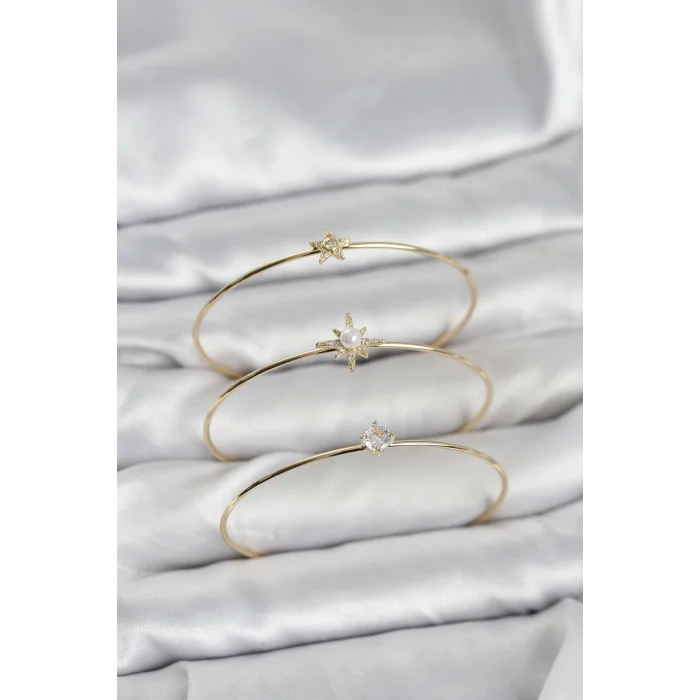 BUĞZ Gold Renk Kutup Yıldızı Model Zirkon Taşlı 3lü Kadın Bileklik Kombini