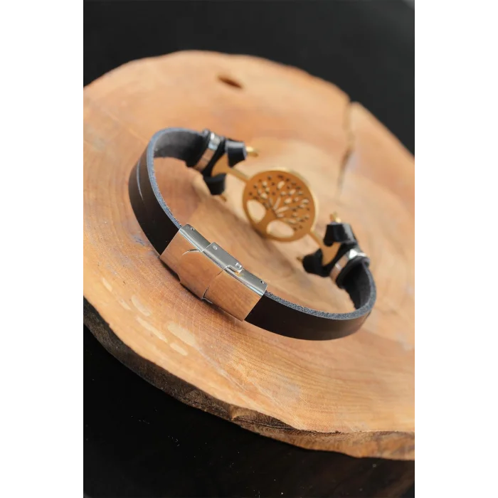BUĞZ Gold Renk Metal Ağaçlı Tasarım Siyah Renk Deri Erkek Bileklik - Lisinya