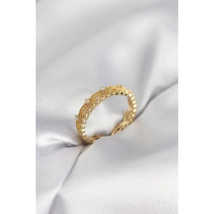 BUĞZ Gold Renk Motif Desenli Zirkon Taşlı Kadın Yüzük
