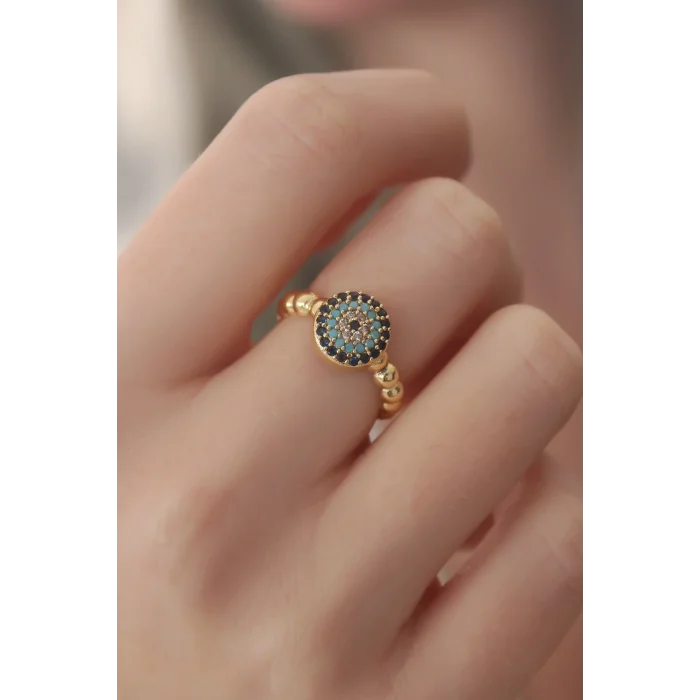 BUĞZ Gold Renk Nazar Boncuk Figür Zirkon Taş Detay Kadın Yüzük