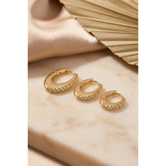 BUĞZ Gold Renk Oval Halka Model Zirkon Taşlı 3 lü Küpe Set
