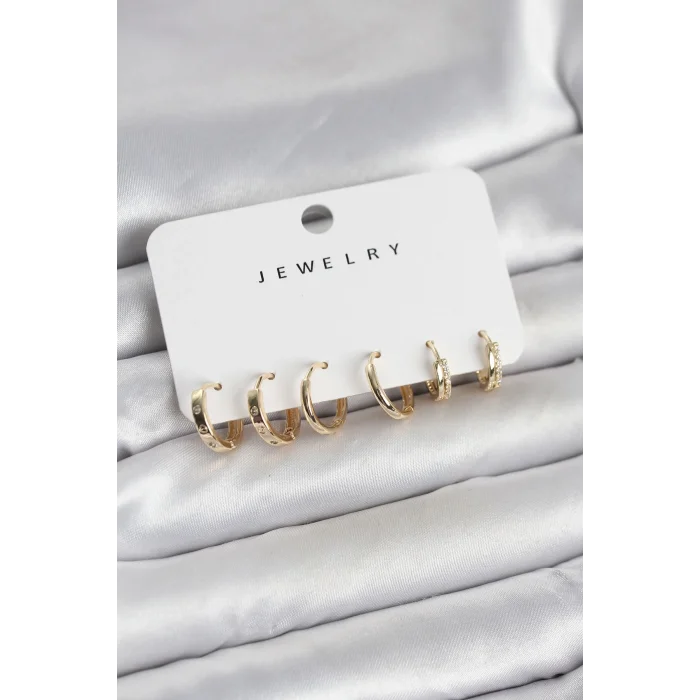 BUĞZ Gold Renk Pirinç 3 Çift Kadın Küpe Seti