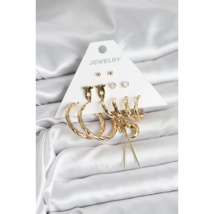 BUĞZ Gold Renk Pirinç 6lı Kadın Küpe Seti