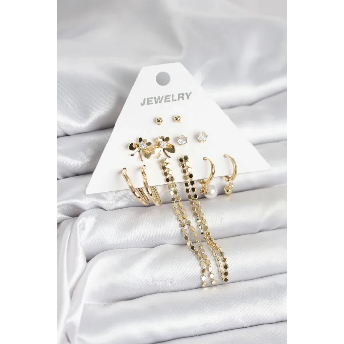 BUĞZ Gold Renk Pirinç 6lı Kadın Küpe Seti