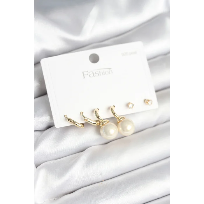 BUĞZ Gold Renk Pirinç 925 Ayar Gümüş Çivili Kadın Küpe Seti