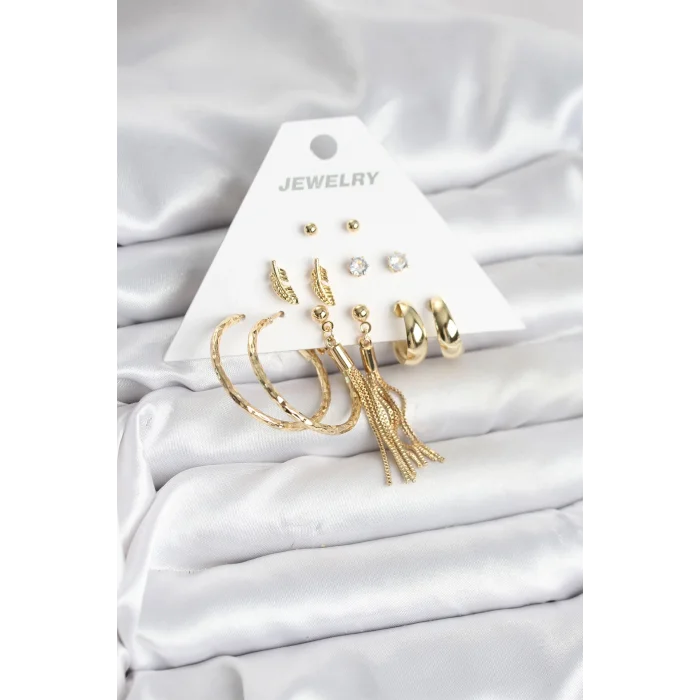 BUĞZ Gold Renk Pirinç Kadın 6 Çift Küpe Seti