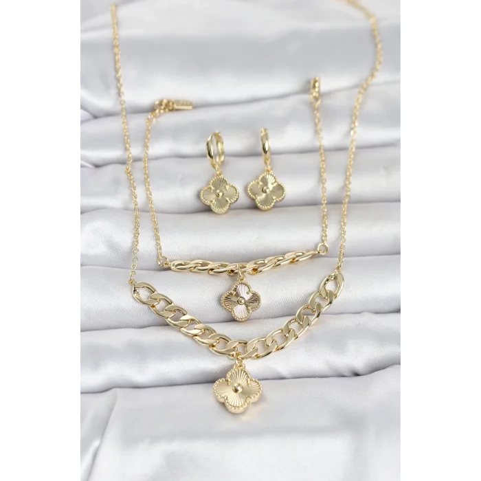 BUĞZ Gold Renk Pirinç Kolye Bileklik ve Küpe Seti