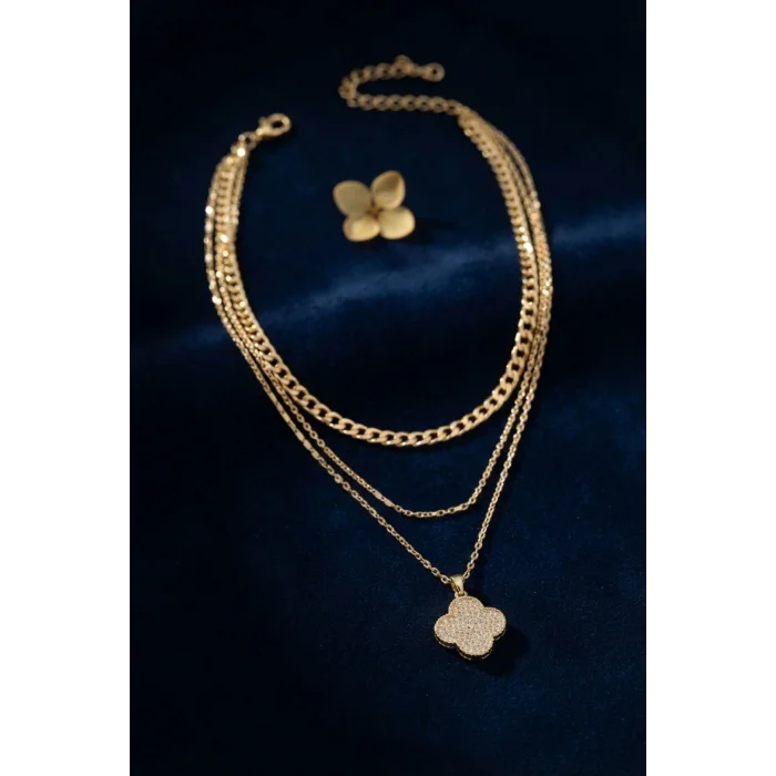 BUĞZ Gold Renk Pirinç Yonca Detaylı Kadın Kolye Kombini