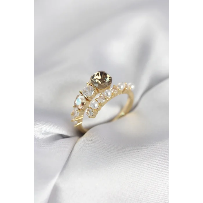 BUĞZ Gold Renk Pirinç Zirkon Taşlı İncili Kadın Yüzük
