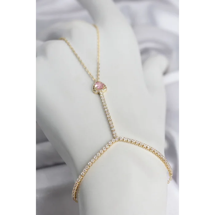 BUĞZ Gold Renk Pirinç Zirkon Taşlı Pembe Kalp Model Şahmeran
