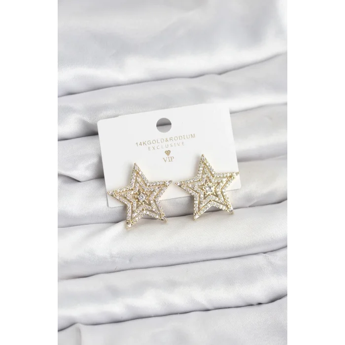 BUĞZ Gold Renk Pirinç Zirkon Taşlı Yıldız Model Kadın Küpe