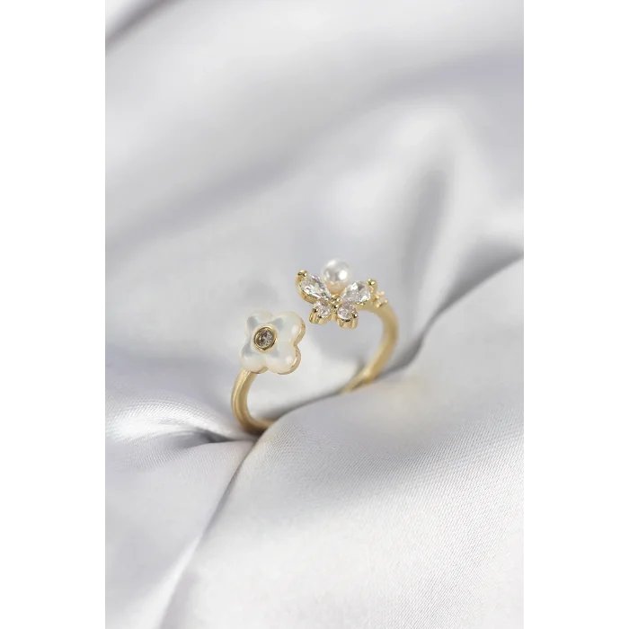 BUĞZ Gold Renk Sedefli Çiçek Model Kadın Yüzük
