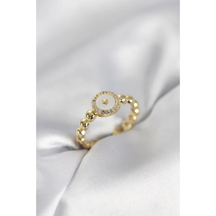 BUĞZ Gold Renk Sedefli Yıldız Model Zirkon Taşlı Kadın Yüzük