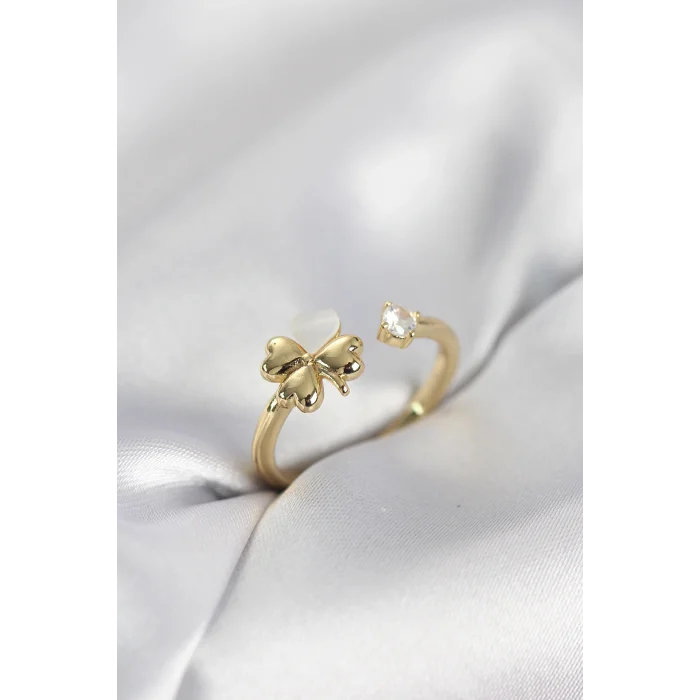 BUĞZ Gold Renk Yonca Model Sedefli Kadın Yüzük