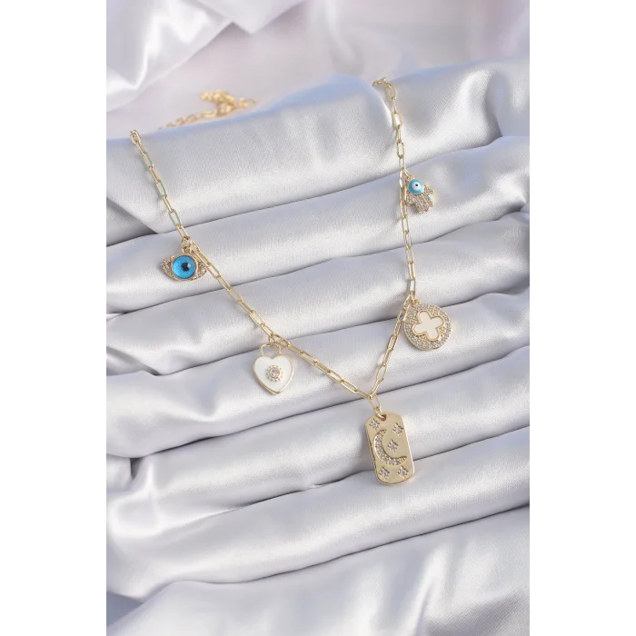 BUĞZ Gold Renk Zirkon Taşlı Çoklu Figür Model Şans Kolyesi - Lisinya