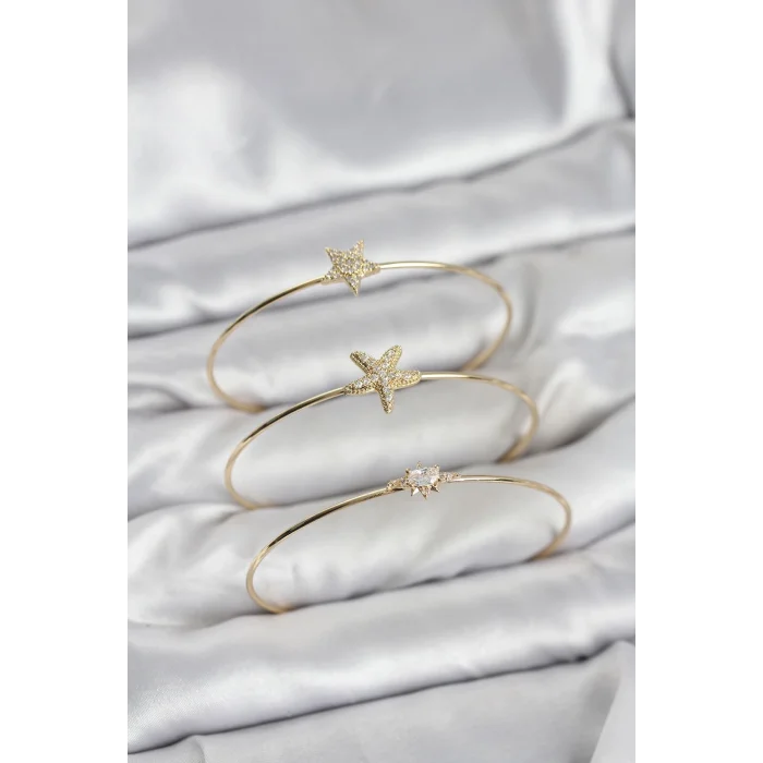 BUĞZ Gold Renk Zirkon Taşlı Deniz Yıldızı Model 3lü Kadın Bileklik Kombini