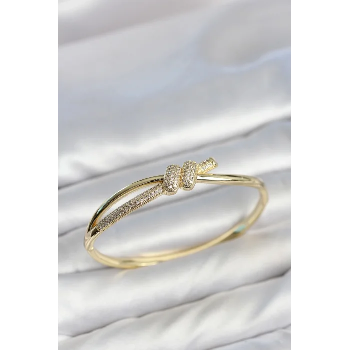 BUĞZ Gold Renk Zirkon Taşlı Düğüm Model Kadın Kelepçe Kadın Bileklik